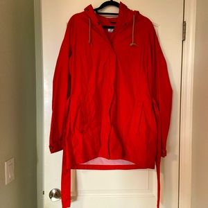 Bright red Columbia trench coat raincoat